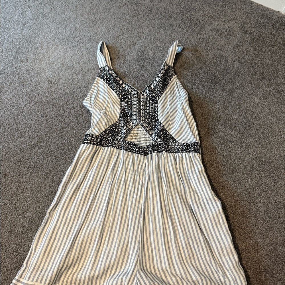 Striped Sleeveless Romper with Black Lace Detail